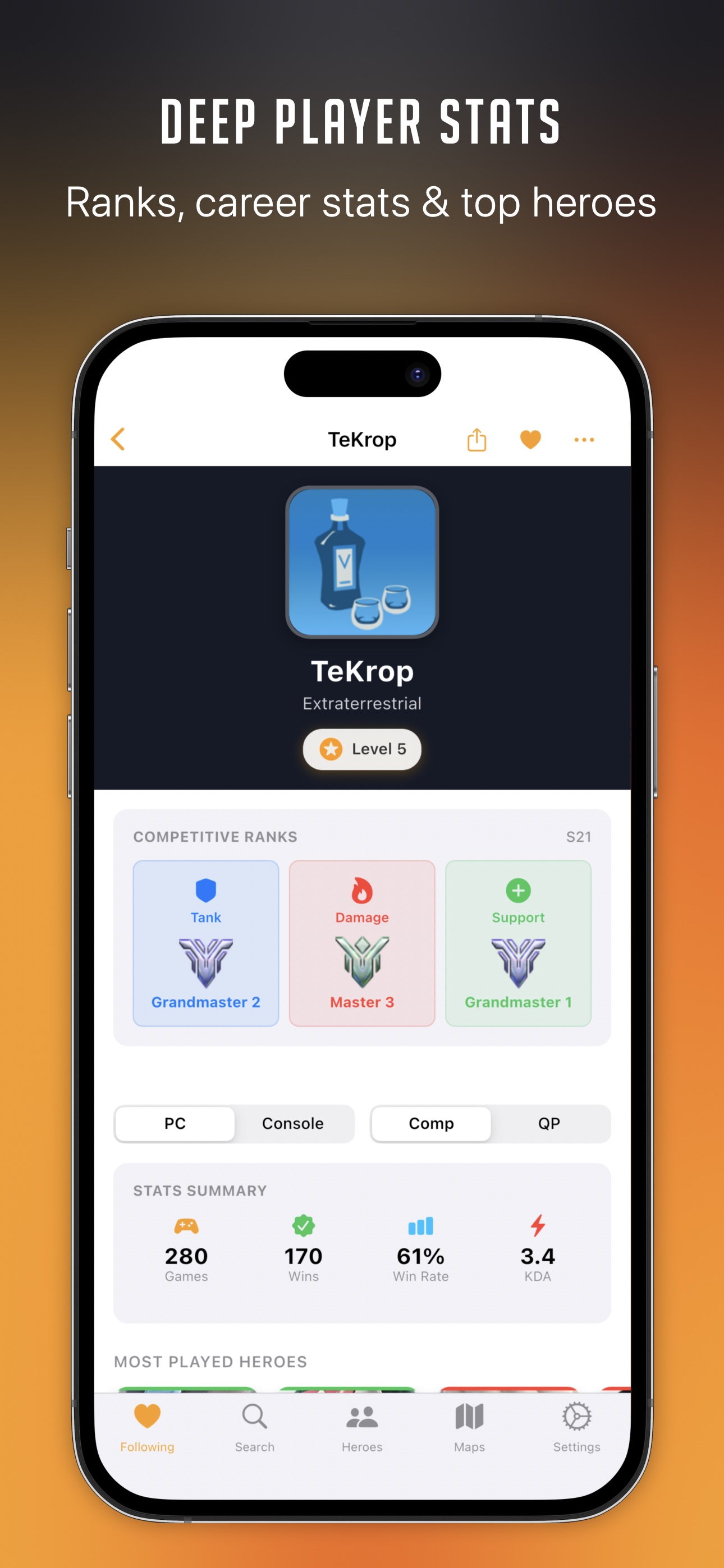 Mercy app player profile screen showing TeKrop competitive ranks, stats summary and most played heroes