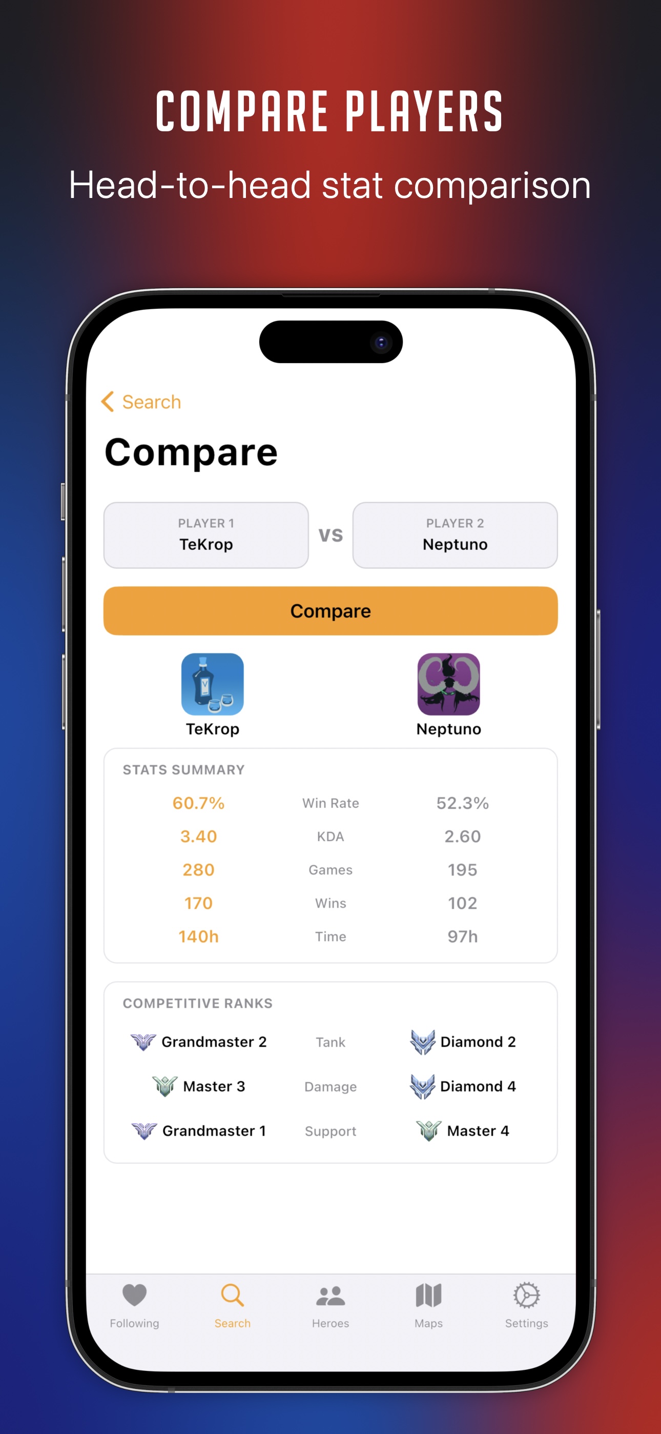Side-by-side player comparison screen